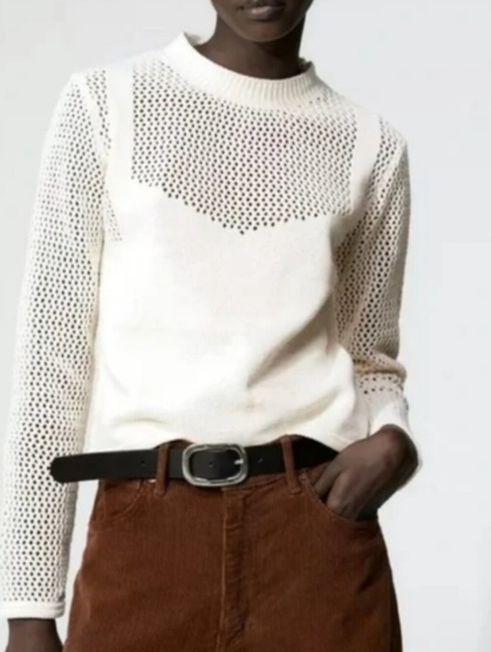 Zara Perforated Mock Neck Knit Crop Sweater Size Small